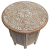 Mesh Cut Out Carved Mango Wood Octagonal Folding Table with Round Top Antique White and Brown By The Urban Port UPT-209568