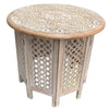 Mesh Cut Out Carved Mango Wood Octagonal Folding Table with Round Top Antique White and Brown By The Urban Port UPT-209568
