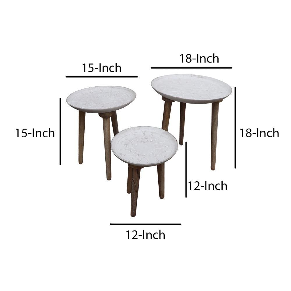 Mango Wood Bowl Top Side End Coffee Table with Angled Tripod Base Set of 3 White and Brown By The Urban Port UPT-209570