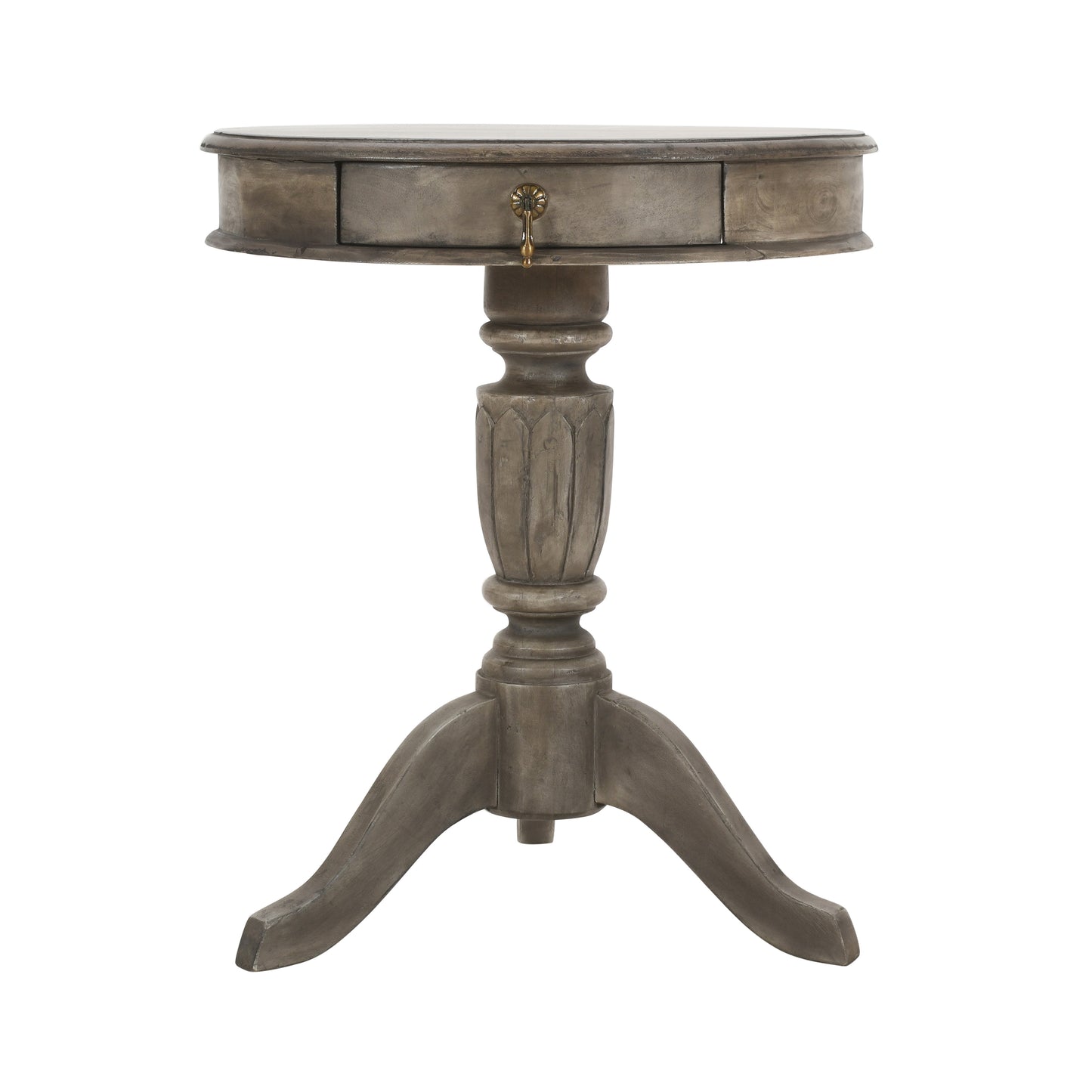 21 Inch Handcrafted Mango Wood Side Table with Drawer Classic Pedestal Base and Round Top Rustic Gray By The Urban Port UPT-213132