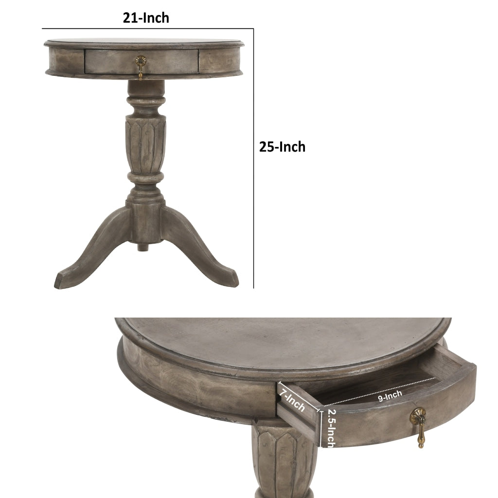21 Inch Handcrafted Mango Wood Side Table with Drawer Classic Pedestal Base and Round Top Rustic Gray By The Urban Port UPT-213132