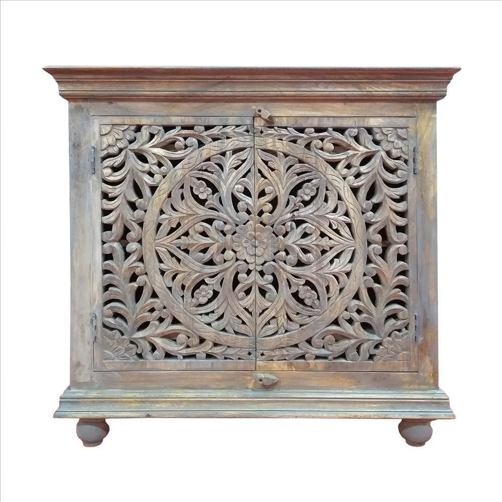 17 Inch Cabinet With 2 Doors And Filigree Cutout Front, Brown By The Urban Port