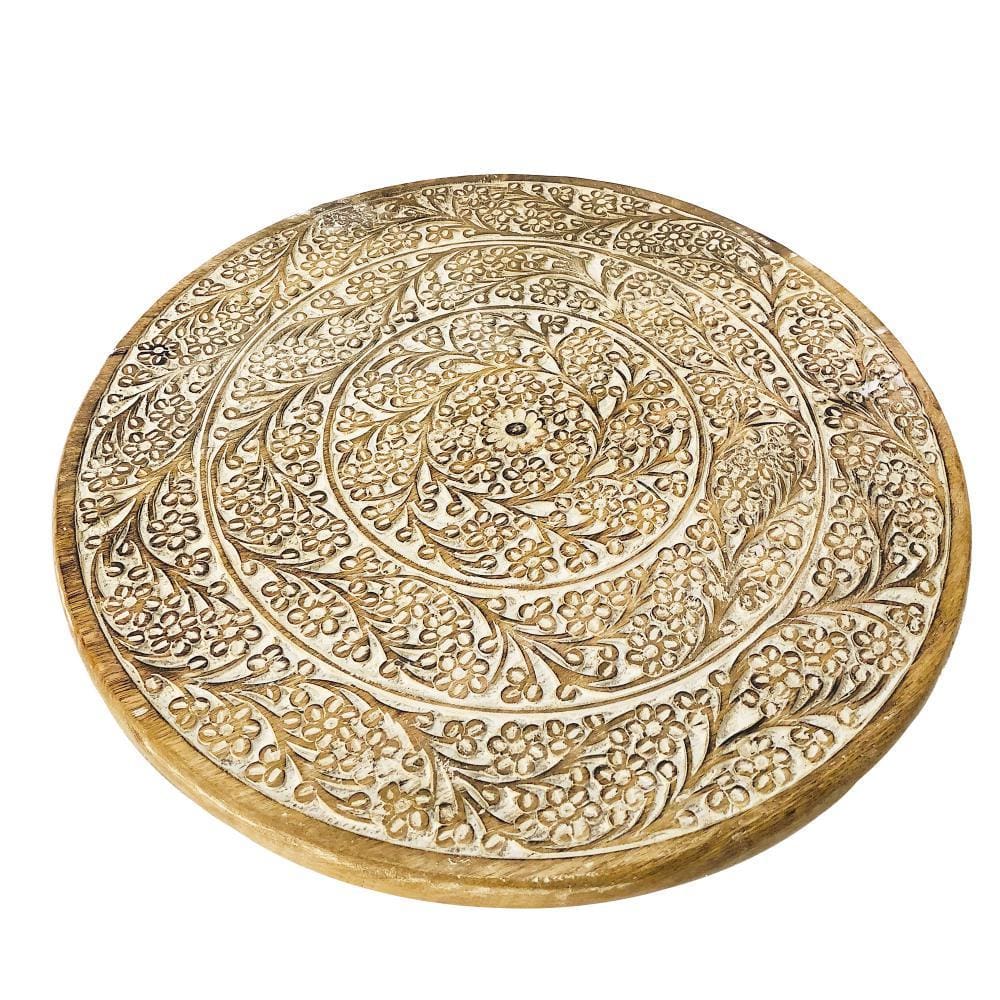 Round Mango Wood Decorative Carved Turntable Lazy Susan with Filigree Engraving Brown By The Urban Port UPT-214884