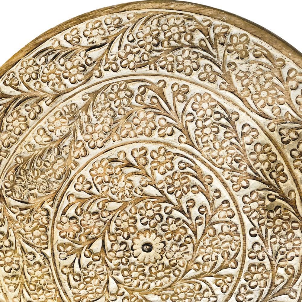 Round Mango Wood Decorative Carved Turntable Lazy Susan with Filigree Engraving Brown By The Urban Port UPT-214884