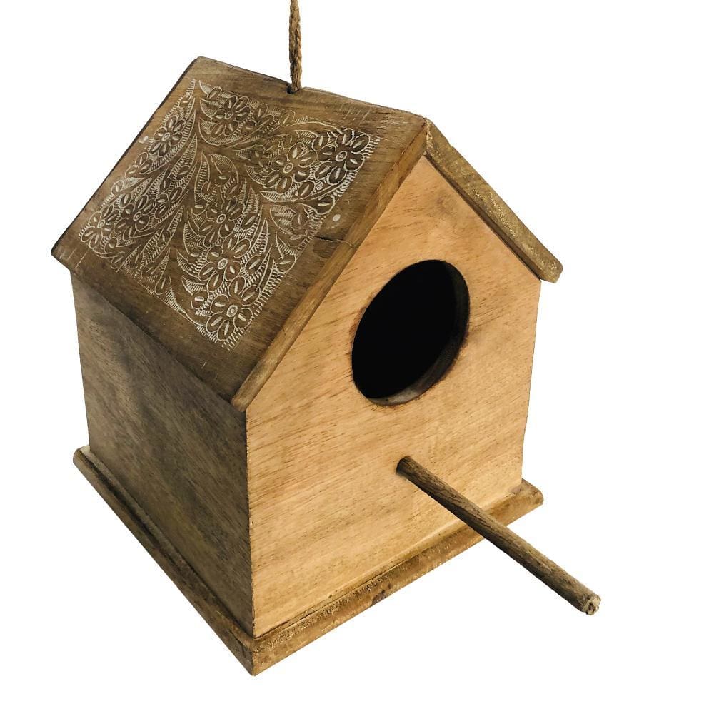 Hut Shape Decorative Mango Wood Hanging Bird House with Engraved Details Distressed Brown By The Urban Port UPT-214885