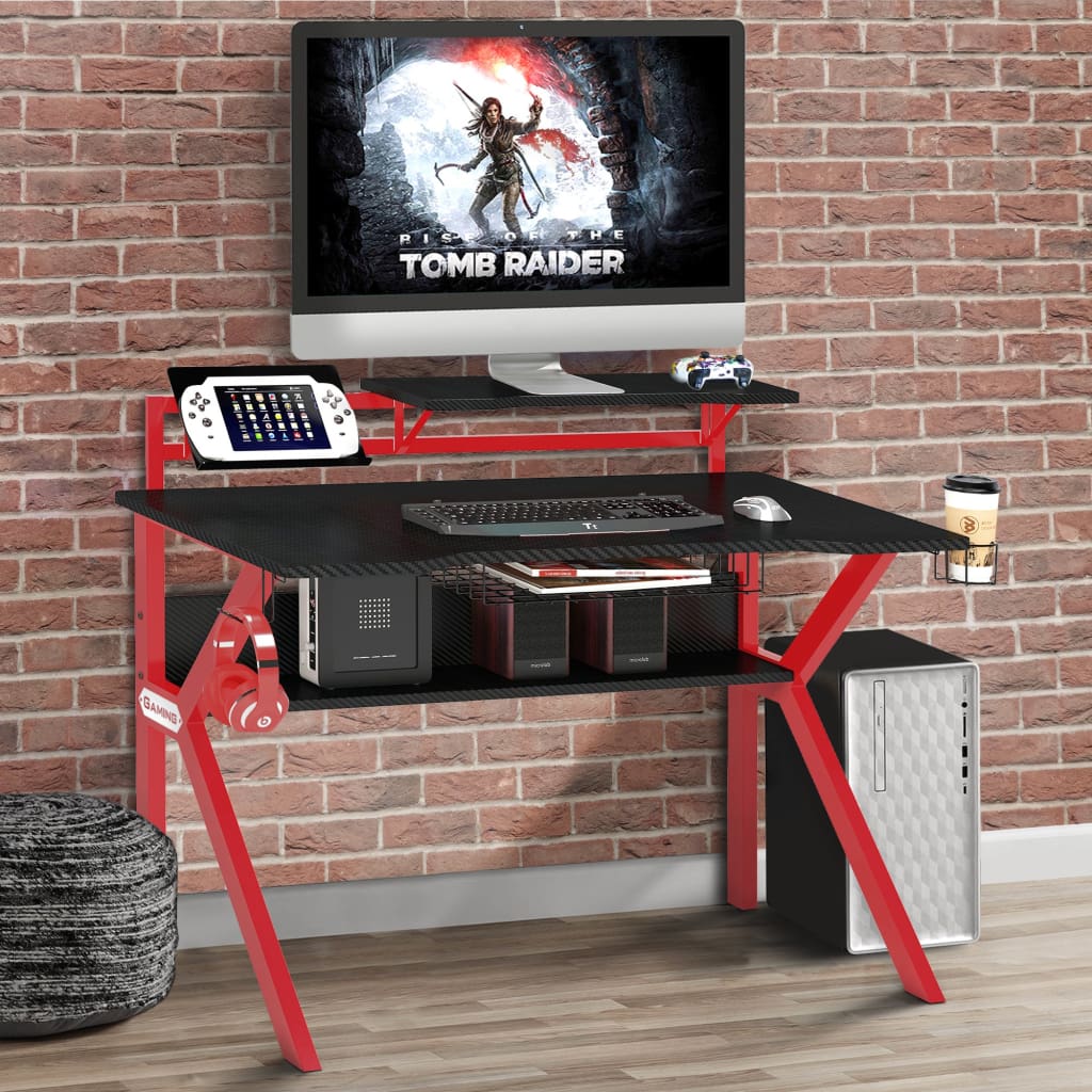 54 Inch Rectangular Gaming Desk with 2 Shelves and K Shape Leg Support, Black and Red