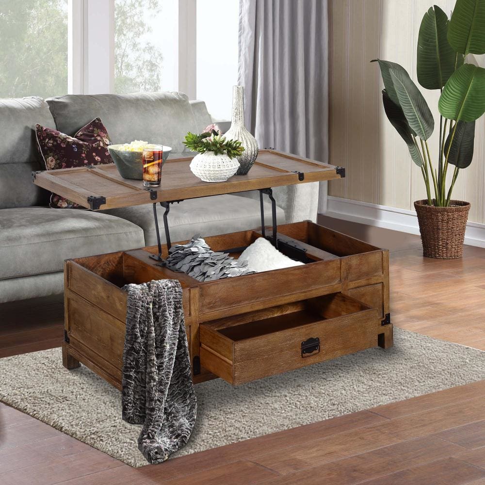 Rustic Single Drawer Mango Wood Coffee Table with Lift Top Storage & Compartments Brown By The Urban Port UPT-215750
