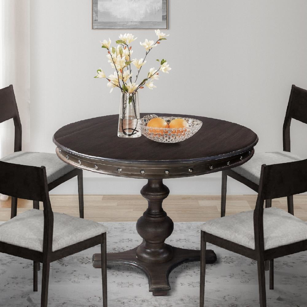 42 Inch Handcrafted Round Mango Wood Dining Table Subtle Rivet Accents Turned Pedestal Base Dark Brown By The Urban Port UPT-215752