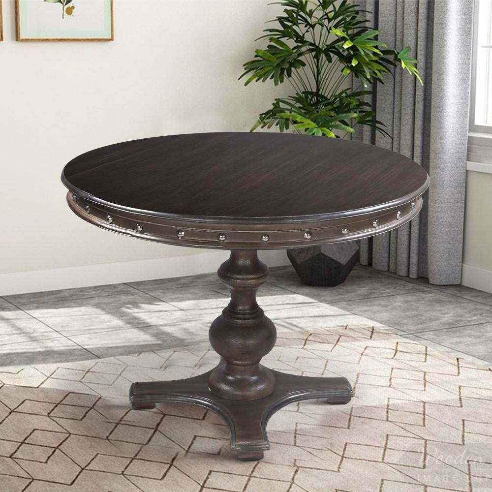 42 Inch Handcrafted Round Mango Wood Dining Table Subtle Rivet Accents Turned Pedestal Base Dark Brown By The Urban Port UPT-215752