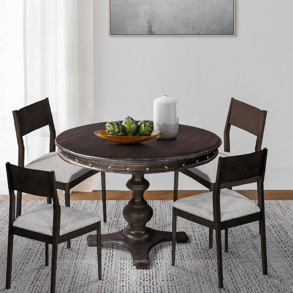 42 Inch Handcrafted Round Mango Wood Dining Table, Subtle Rivet Accents, Turned Pedestal Base, Dark Brown By The Urban Port