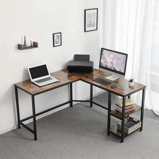 L Shape Wood and Metal Frame Computer Desk with 2 Shelves, Brown and Black