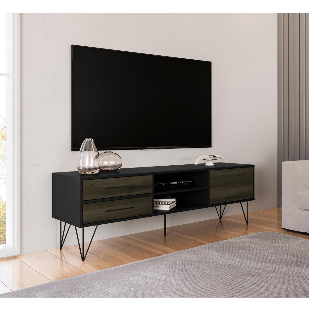 60" Wooden TV Stand with 4 Drawers, Brown and Black By The Urban Port