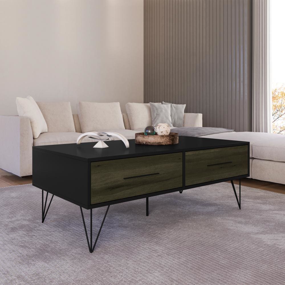 43" Wooden Coffee Table with Hairpin Legs, Black and Brown By The Urban Port
