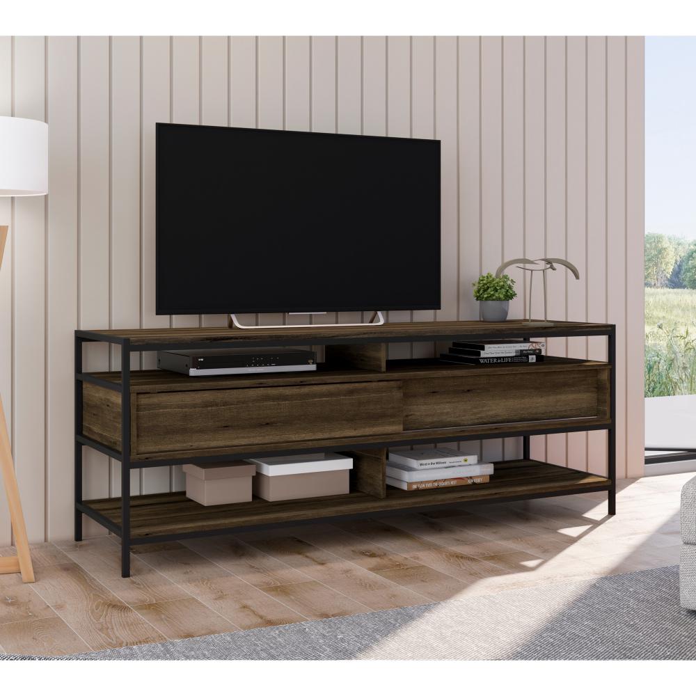 58" Wooden TV Stand with 2 Drawers, Brown and Black By The Urban Port