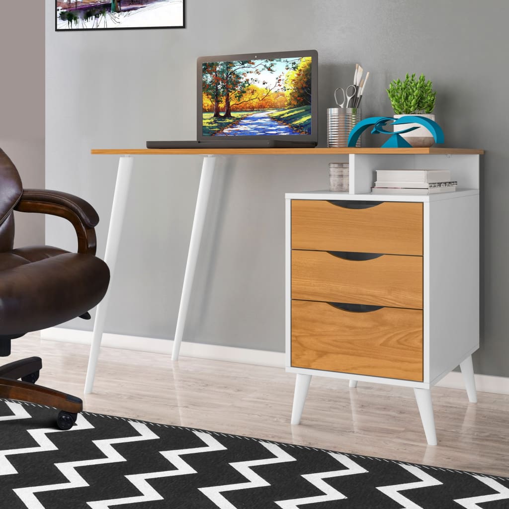 Wooden Computer Desk with Angled Legs, White & Brown By The Urban Port