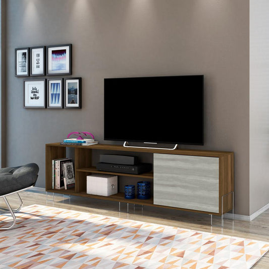 71" Wooden TV Stand with 3 Compartments, Brown and White By The Urban Port