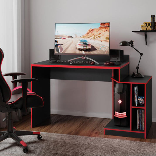 53" Wooden Rectangular Computer Gaming Desk, Black and Red By The Urban Port