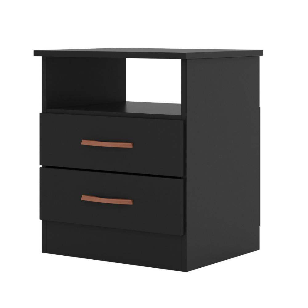 Wooden End Side Table Nightstand with 2 Drawers and 1 Open Compartment Black By The Urban Port UPT-225274