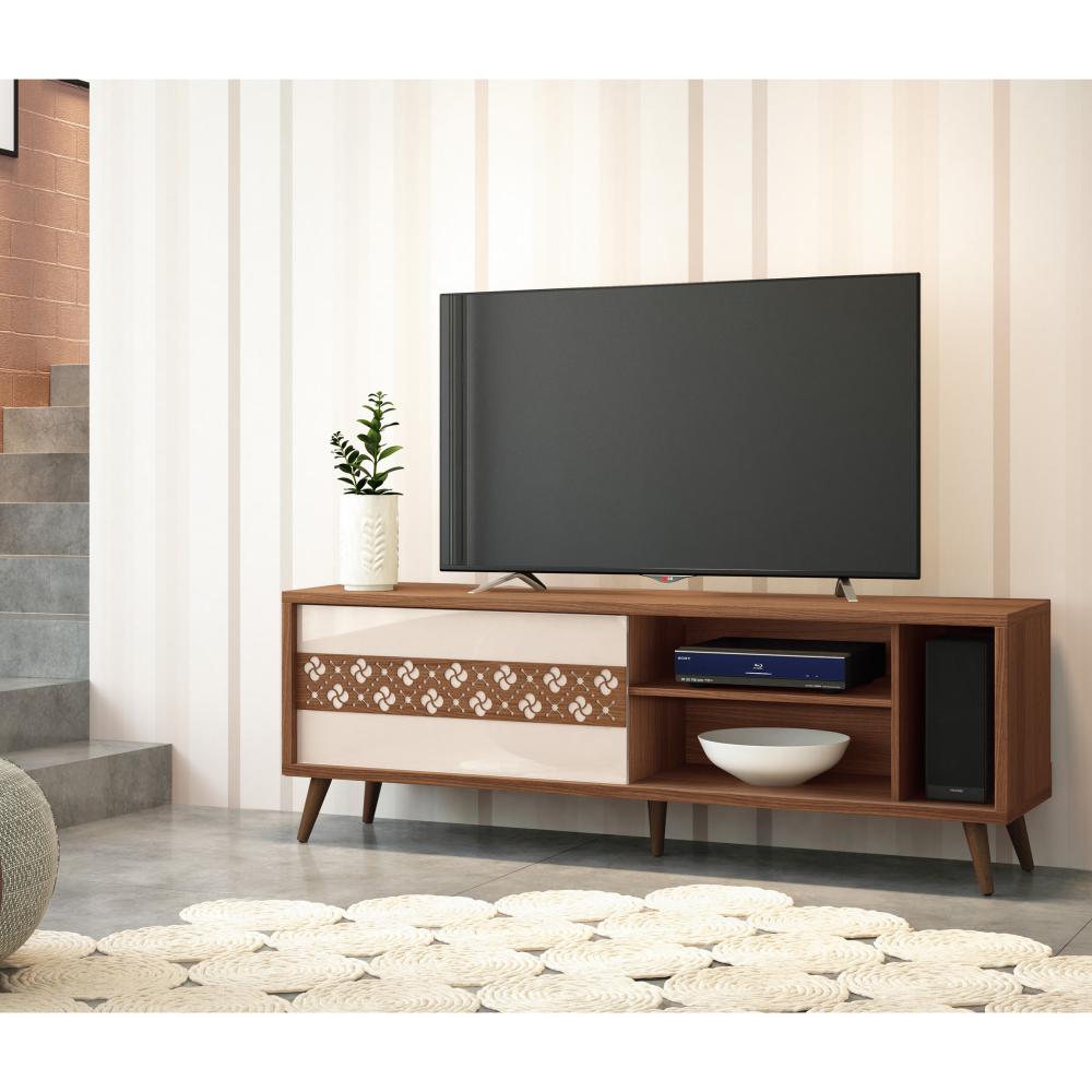 63" Wooden TV Stand with 3 Open Compartments, Brown By The Urban Port