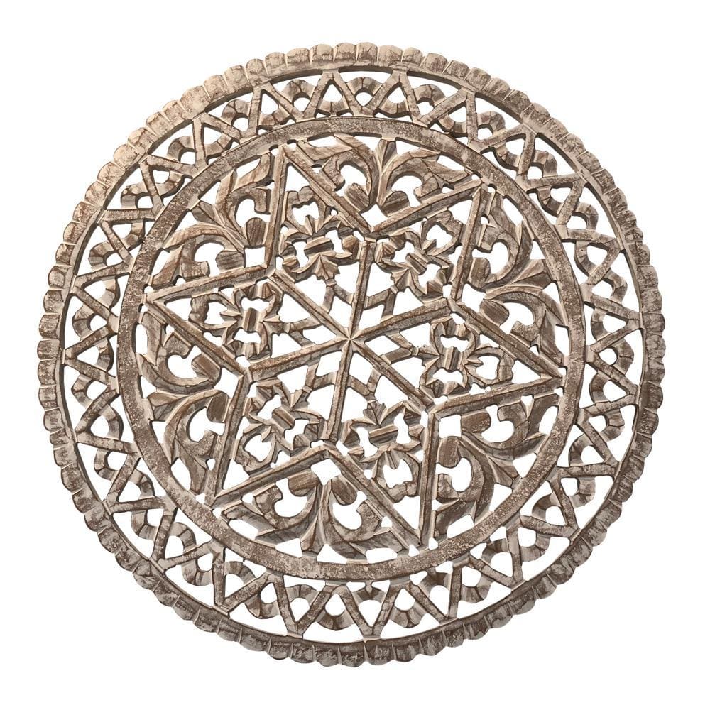 30 Inch Round Wooden Carved Wall Art with Intricate Cutouts Distressed White By The Urban Port UPT-225286