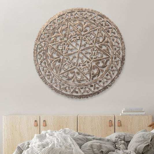 30 Inch Round Wooden Carved Wall Art with Intricate Cutouts, Distressed White By The Urban Port