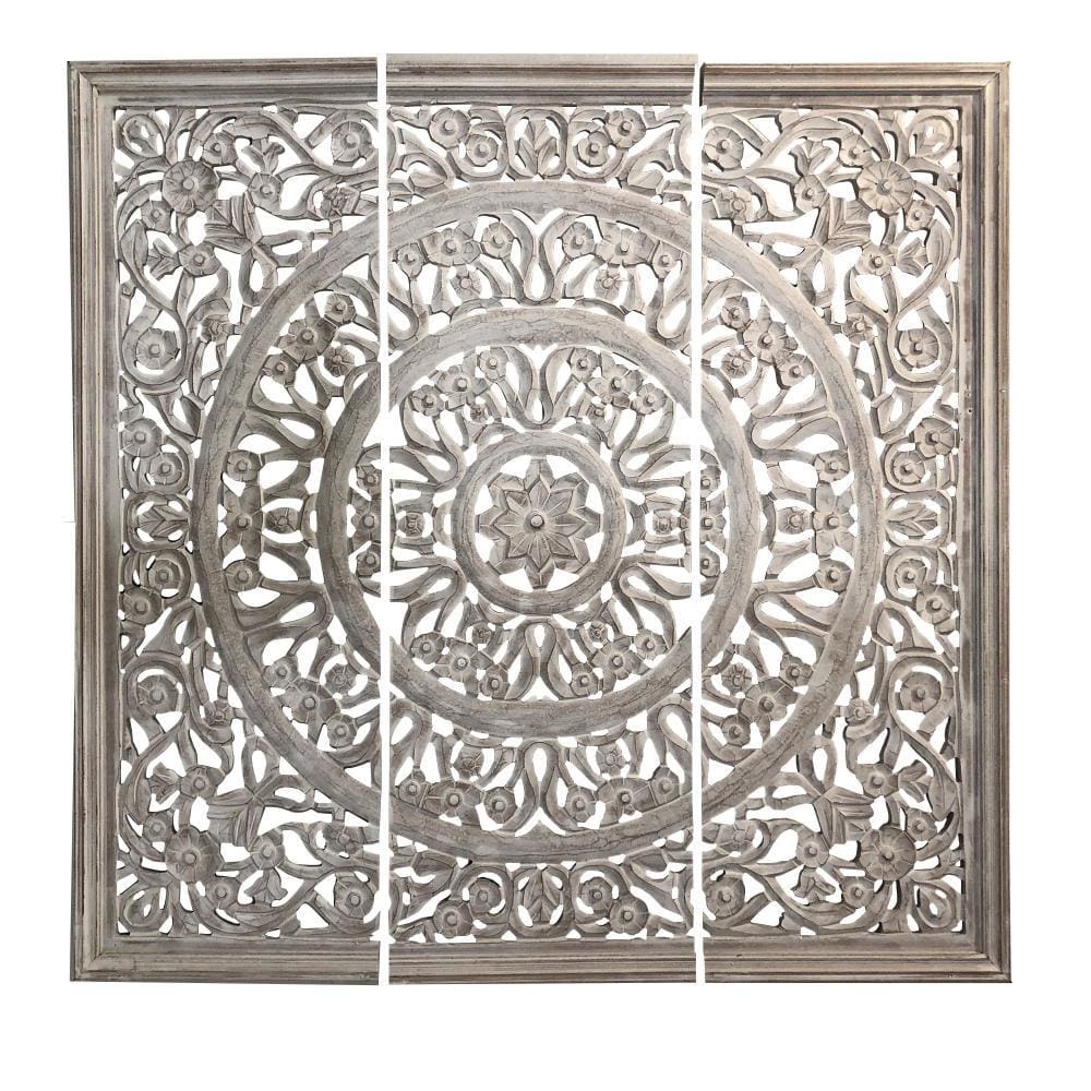 Hand Carved Panels Wooden Wall Art with Cutouts Set of 3 Distressed White By The Urban Port UPT-225287