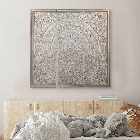 Hand Carved Panels Wooden Wall Art with Cutouts, Set of 3, Distressed White By The Urban Port