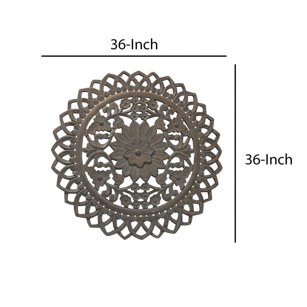 36 Inch Handcarved Wooden Round Wall Art with Floral Carving Distressed Brown By The Urban Port UPT-225288