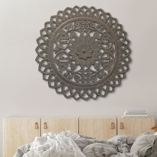 36 Inch Handcarved Wooden Round Wall Art with Floral Carving, Distressed Brown By The Urban Port