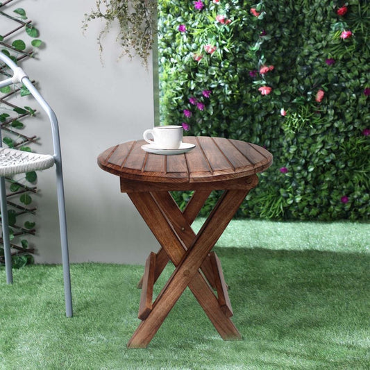 Farmhouse Wooden Round Folding Chair Side End Table with Planked Top, Rustic Brown By The Urban Port