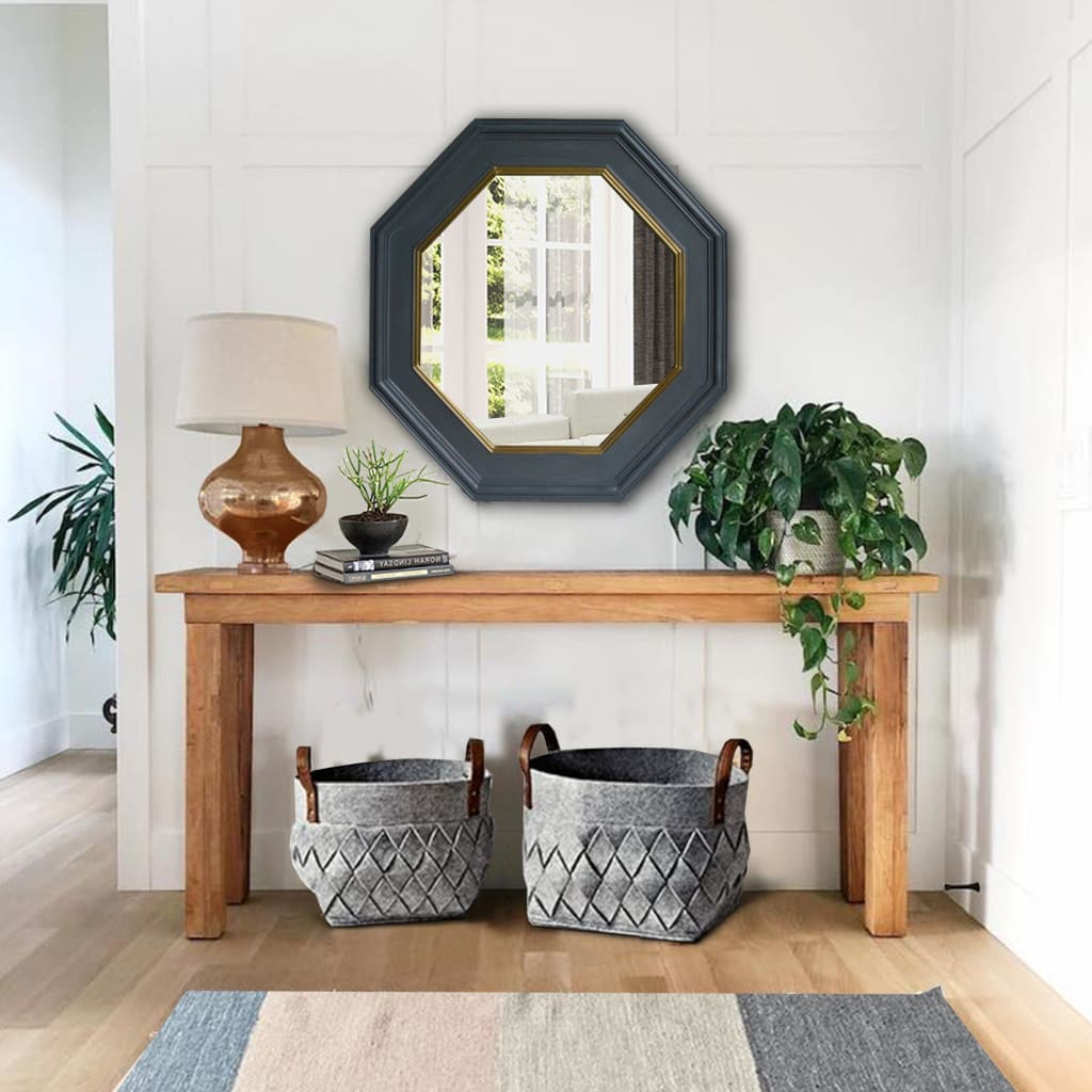 32" Octagonal Shape Wooden Floating Frame Flat Wall Mirror, Gray By The Urban Port