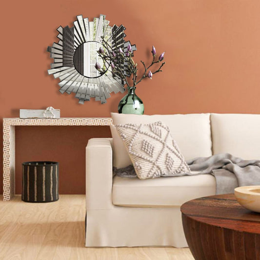 28" Round Floating Wall Mirror with Sunburst Design Frame, Silver By The Urban Port