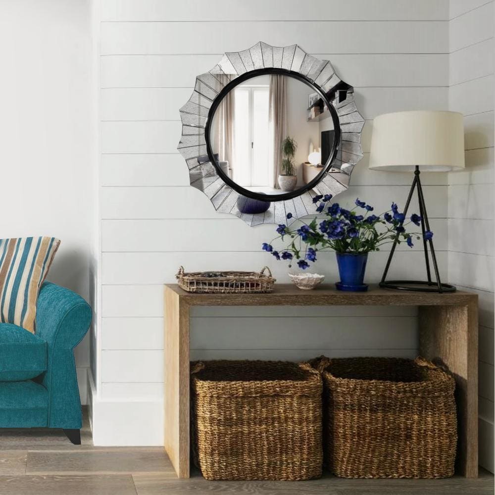 Round Accent Wall Mirror with Scalloped Design and Beveled Edges, Silver By The Urban Port