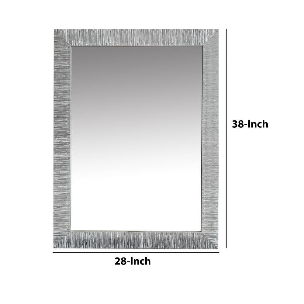 Wood Encased Wall Mirror with Striped Motif Edges and Shimmering Leaf Gray By The Urban Port UPT-228542