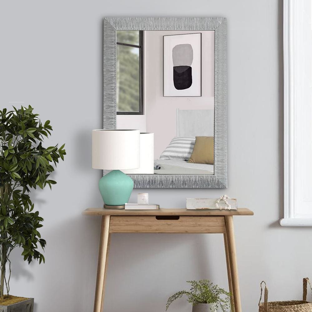 Wood Encased Wall Mirror with Striped Motif Edges and Shimmering Leaf, Gray By The Urban Port