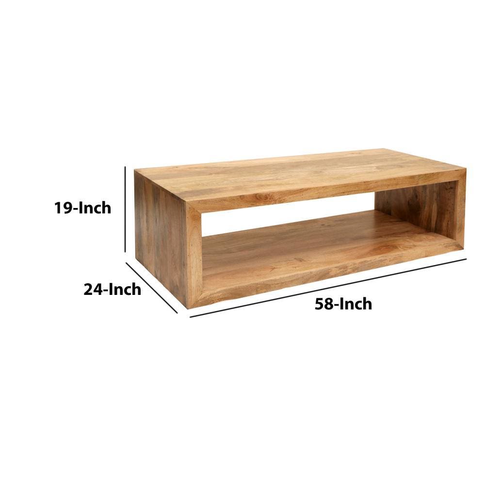 58 Inch Cube Shape Mango Wood Coffee Table with Open Bottom Shelf Natural Brown By The Urban Port UPT-228693