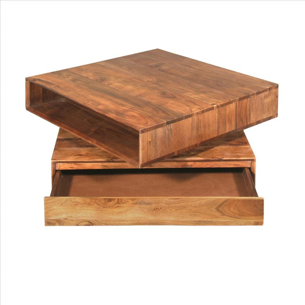 32 Inch Square Box Design Wooden Coffee Table with Swivel Storage Top and Drawer,Brown By The Urban Port UPT-229063
