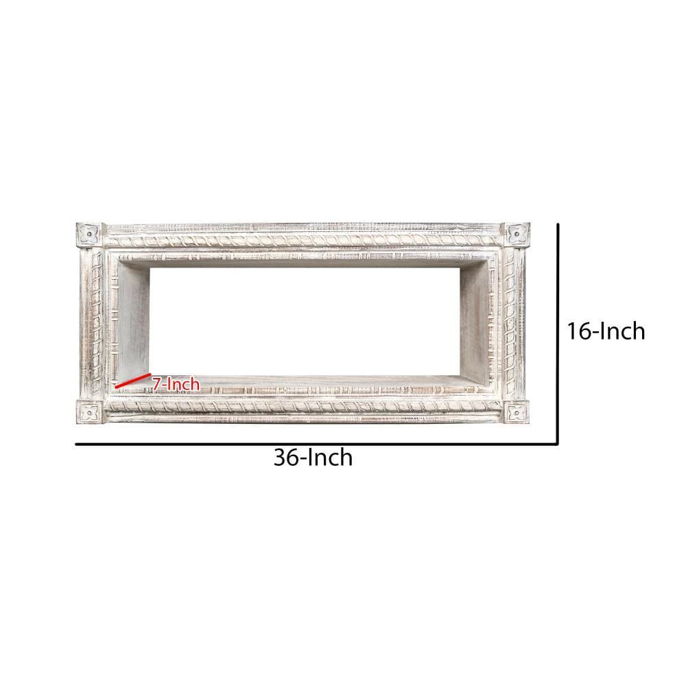 Rectangular Mango Wood Wall Mounted Shelf with Carved Details Antique White UPT-229608