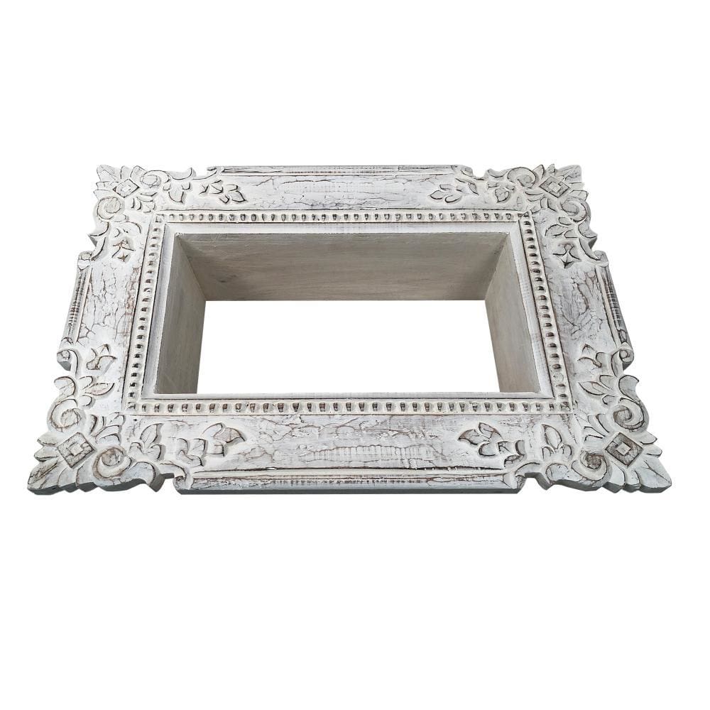 Engraved Mango Wood Wall Mounted Shelf with Textured Details Distressed Gray UPT-229610