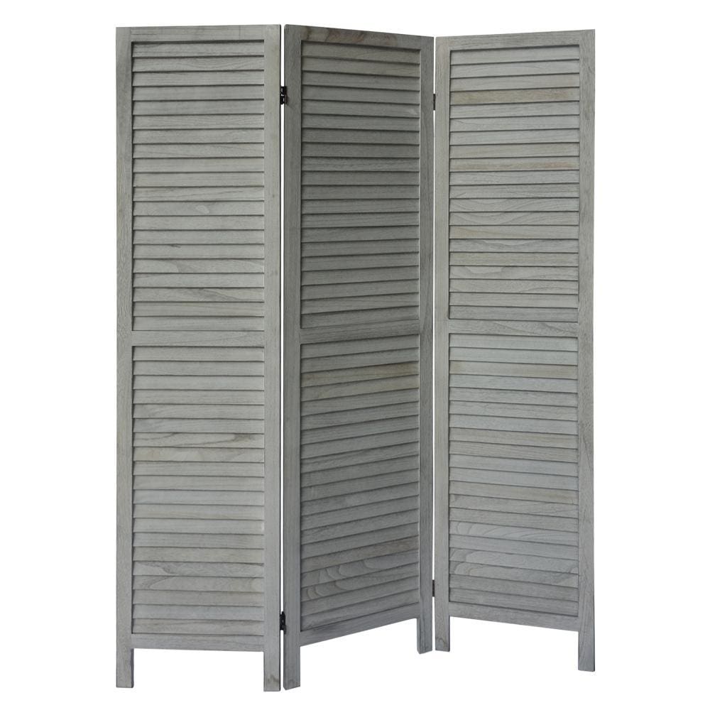 3 Panel Foldable Wooden Divider Privacy Screen with Plank Style and Hinges Distressed White By The Urban Port UPT-230656