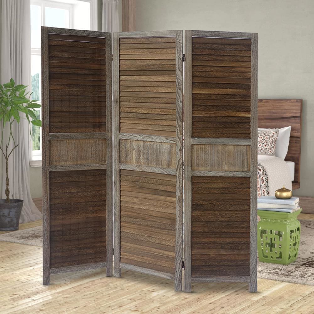 67 Inch Paulownia Wood Panel Divider Screen, Shutter Design, 3 Panels, Distressed Brown By The Urban Port