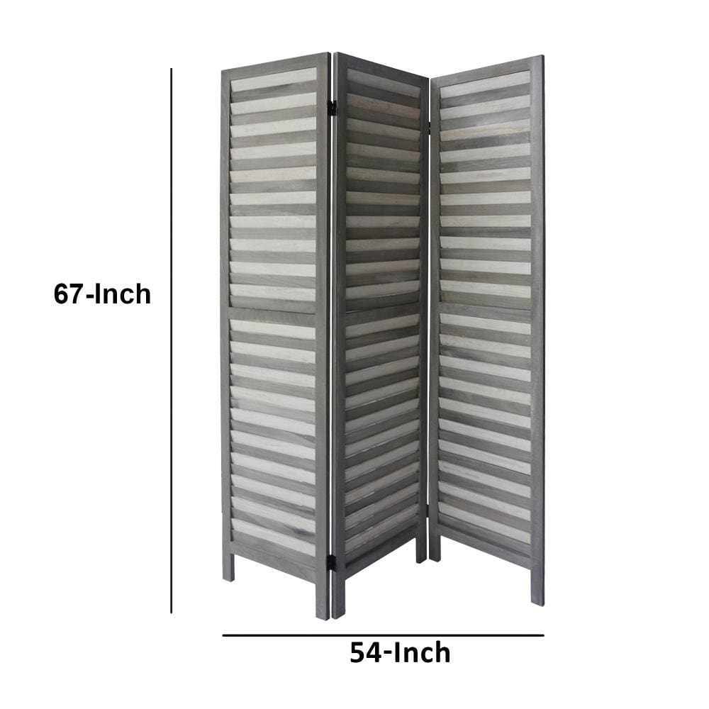 3 Panel Foldable Wooden Divider Privacy Screen with Shutter Design and Metal Hinges Light Gray By The Urban Port UPT-230658