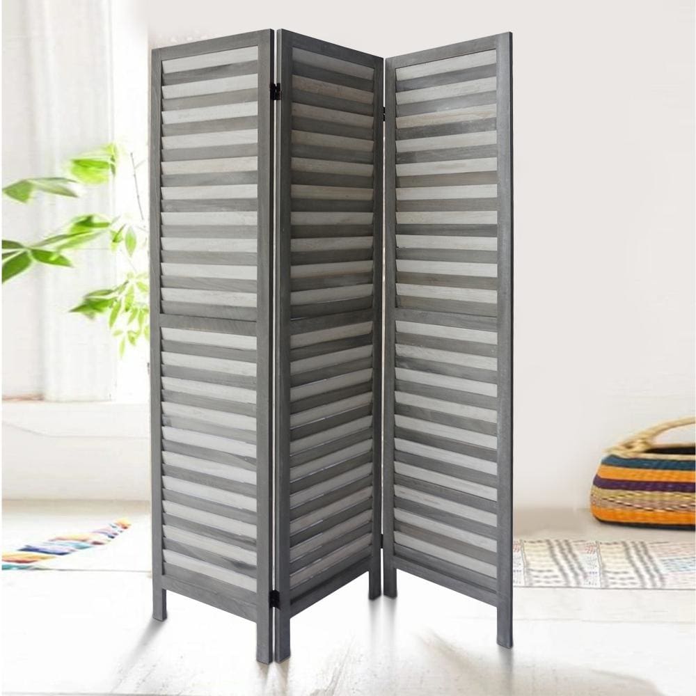 67 Inch Paulownia Wood Panel Divider Screen, Shutter Design, 3 Panels, Gray Stripes By The Urban Port