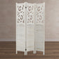 67 Inch Paulownia Wood Panel Divider Screen Ornate Scrolled Shutter Design 3 Panels Washed White by The Urban Port UPT-230660