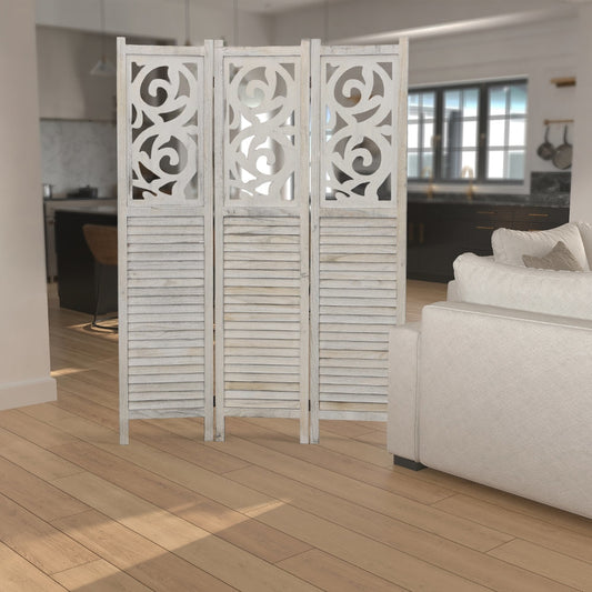67 Inch Paulownia Wood Panel Divider Screen, Ornate Scrolled Shutter Design, 3 Panels, Washed White by The Urban Port