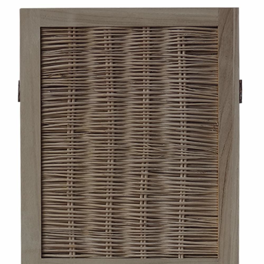 4 Panel Foldable Wooden Divider Privacy Screen with Willow Weaved Design Antique White By The Urban Port UPT-230662
