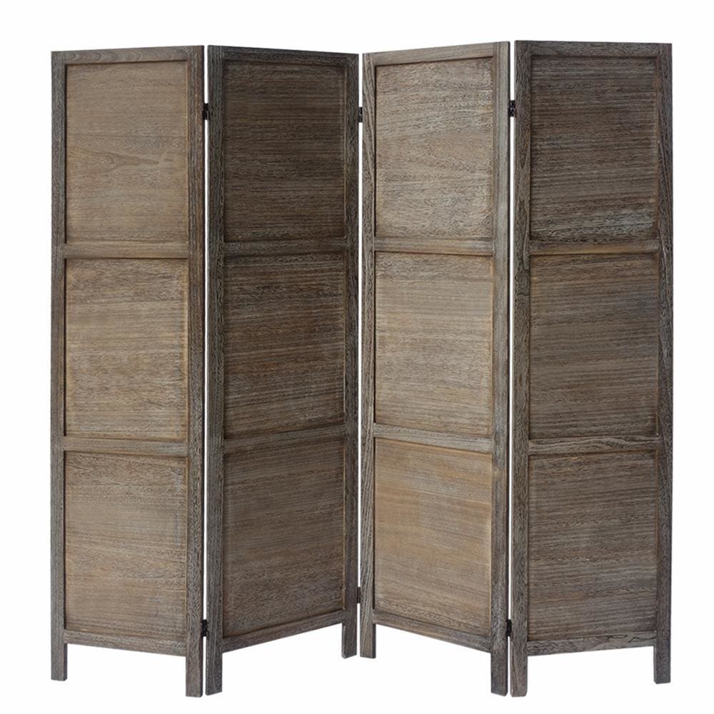 4 Panel Foldable Wooden Divider Privacy Screen with Grains and Metal Hinges Dark Brown By The Urban Port UPT-230663