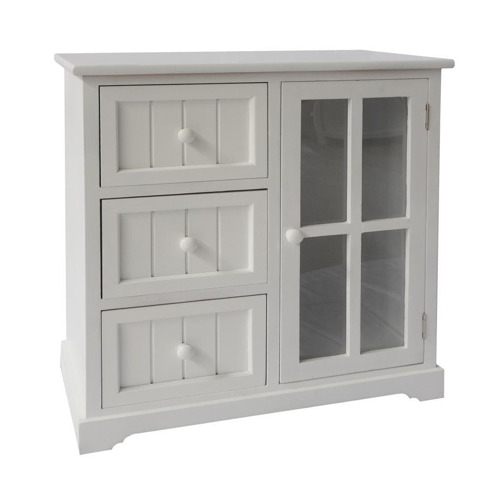 23.62 3-Drawer Wooden Storage Cabinet with Glass Door and Round Knobs White By The Urban Port UPT-230665