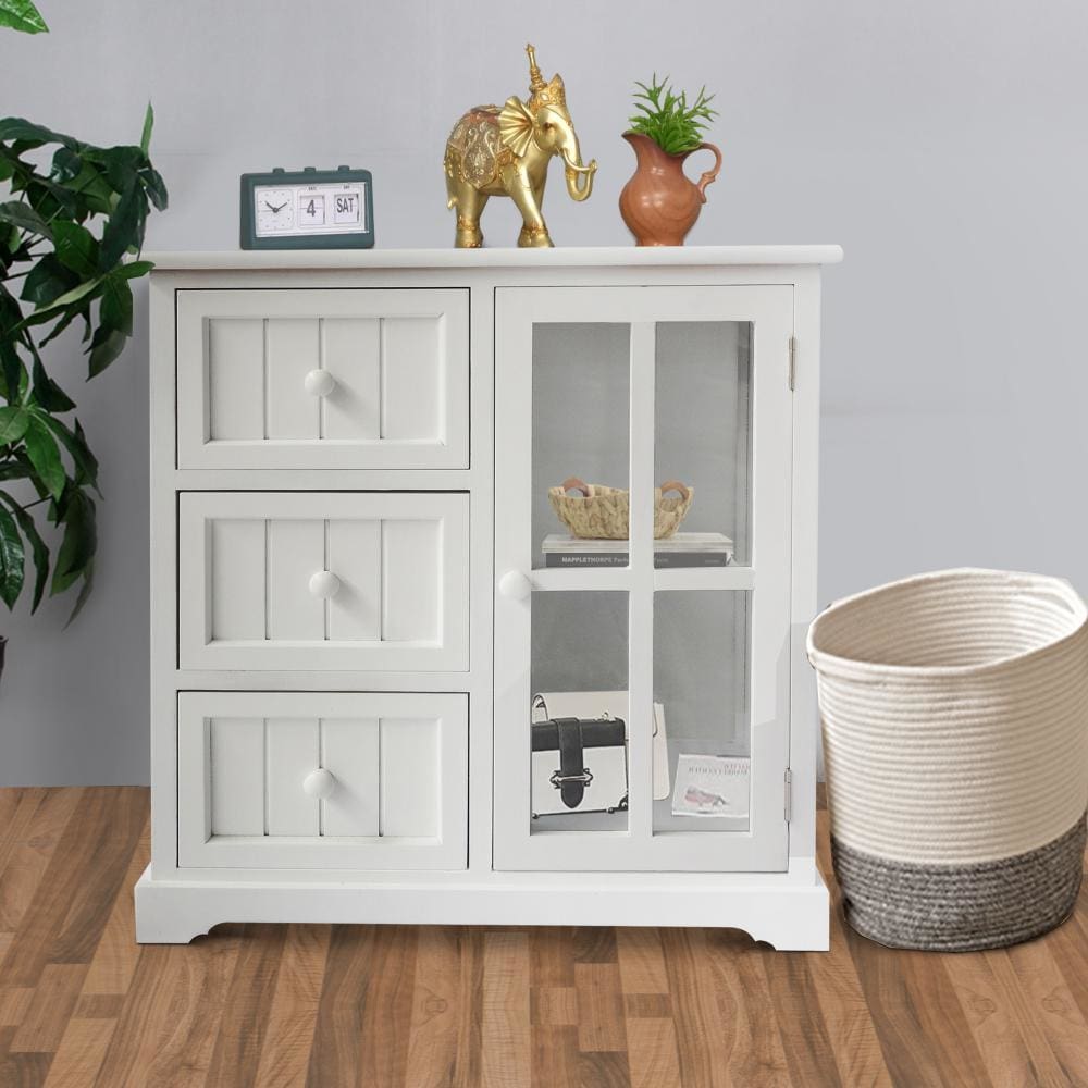 24 Inch Paulownia Wood Accent Cabinet, 3 Drawers, 1 Glass Door, White By The Urban Port