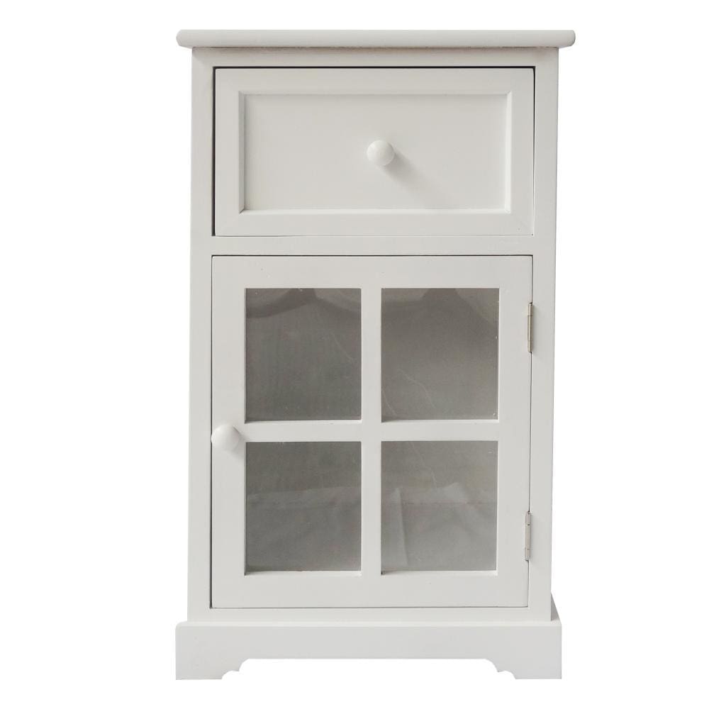 23.62 Inches Single Drawer Wooden Storage Cabinet with Glass Door and Round Knobs White By The Urban Port UPT-230666